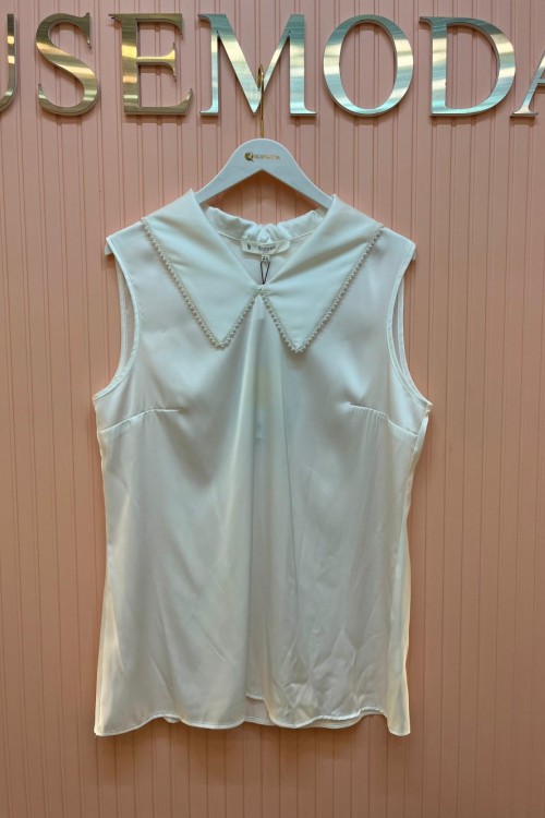 Yakası incili Bluz Ekru