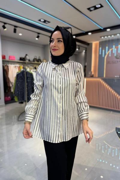 Çizgili Saten Gömlek Siyah