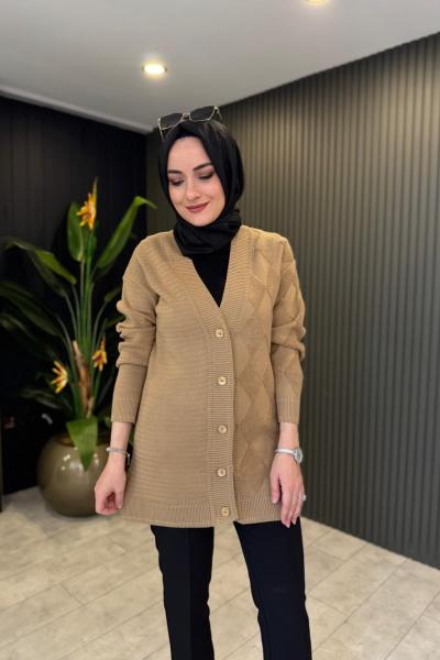 Tığ Triko Baklava Desenli Hırka Camel