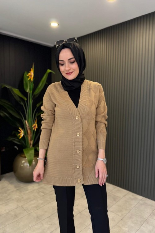 Tığ Triko Baklava Desenli Hırka Camel