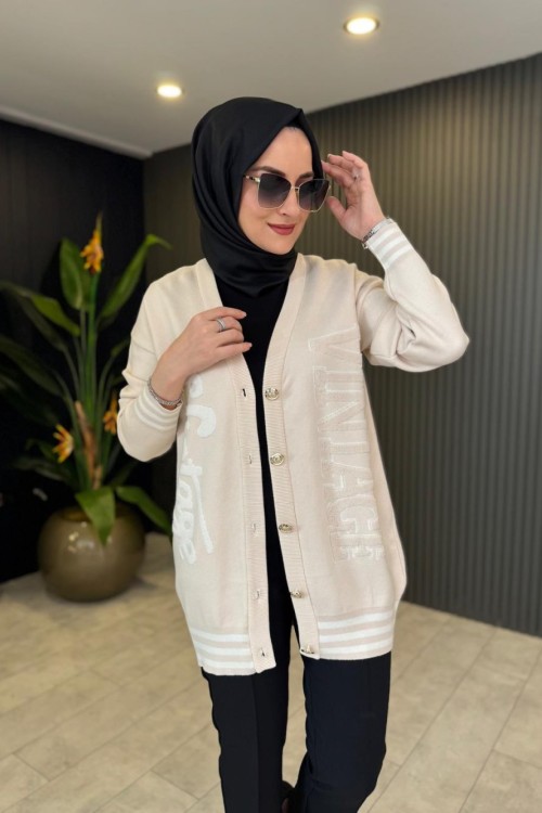 Tığ Triko Kabartma Yazılı Triko Hırka Bej