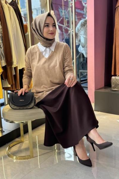 V Yaka Basic Tunik Taş Rengi