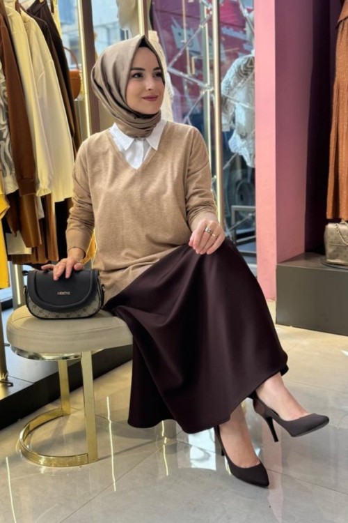 V Yaka Basic Tunik Taş Rengi