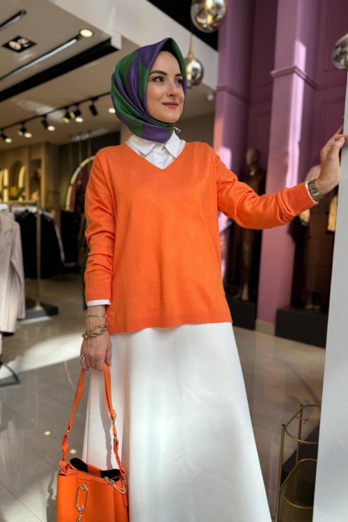 V Yaka Basic Tunik Turuncu