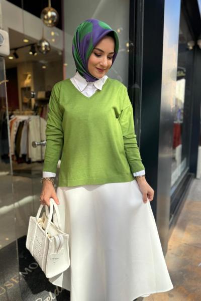 V Yaka Basic Tunik Yeşil