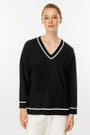 Çizgili V Yaka Triko Bluz Siyah