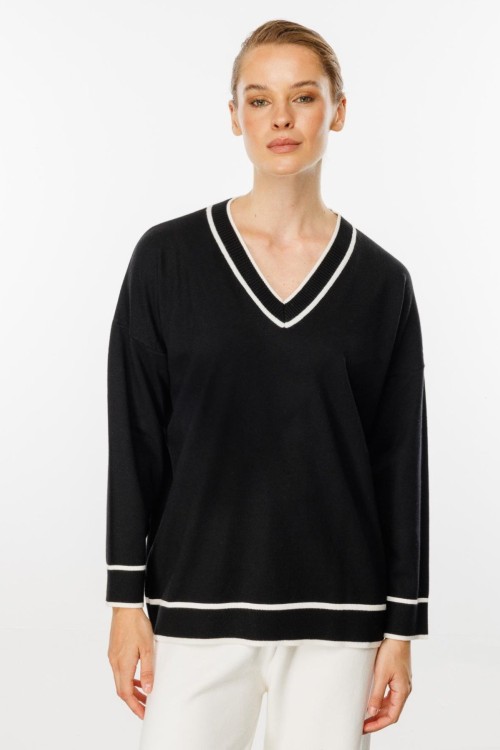 Çizgili V Yaka Triko Bluz Siyah