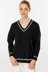 Çizgili V Yaka Triko Bluz Siyah