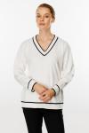 Çizgili V Yaka Triko Bluz Ekru