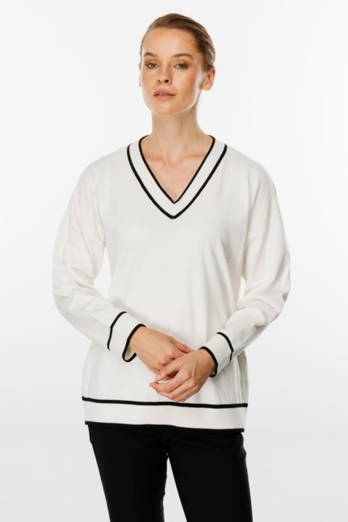 Çizgili V Yaka Triko Bluz Ekru