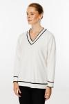 Çizgili V Yaka Triko Bluz Ekru