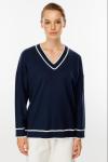 Çizgili V Yaka Triko Bluz Lacivert
