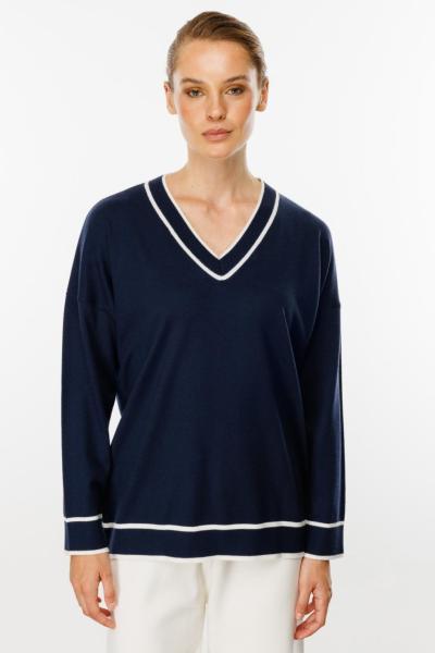 Çizgili V Yaka Triko Bluz Lacivert