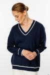Çizgili V Yaka Triko Bluz Lacivert