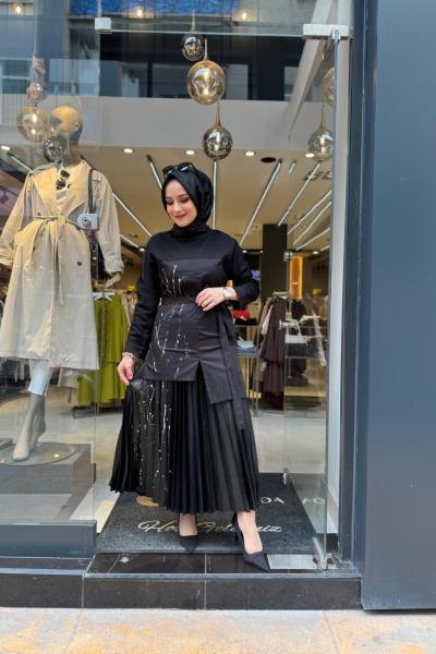 Bluzlu Plisoley Baskılı Tkm Siyah