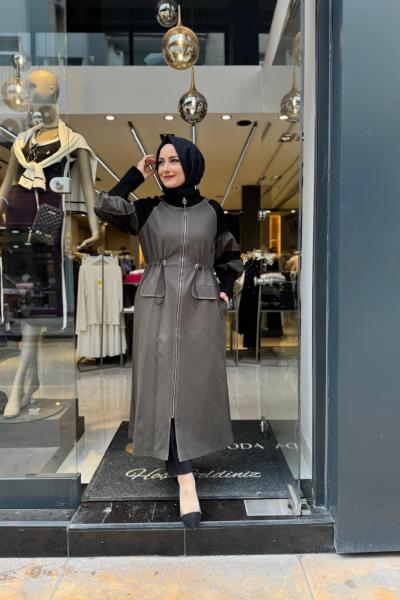 Kolları File Detaylı Örme Kap Haki