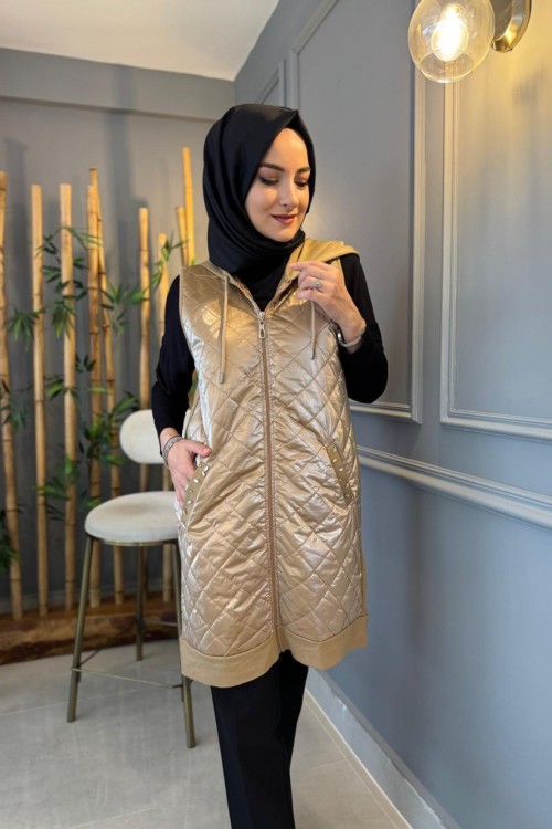 Kapitone Taşlı İnce Yelek Camel