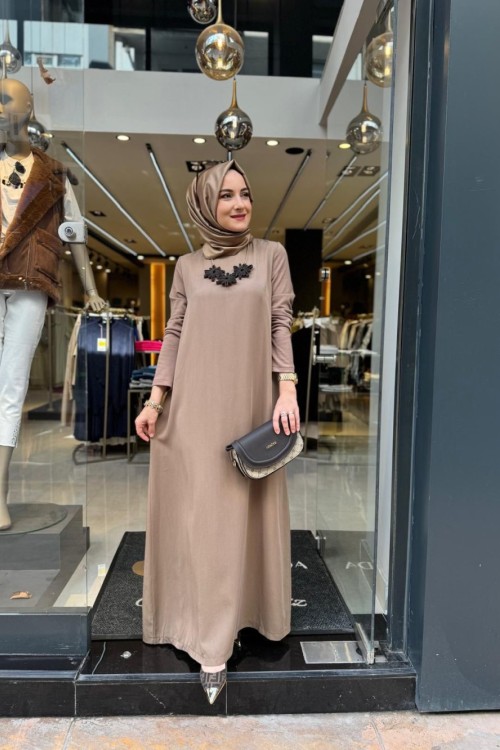 Kolları Triko Tencel Basic Elbise Vizon Vizon