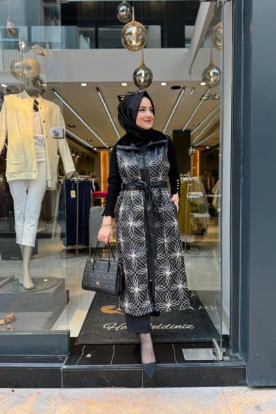 Orhan Deri Detaylı Yelek Siyah-Bej