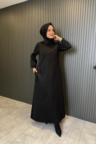 Kapitone Garnili Elbise Siyah Siyah