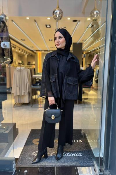 Ceremony Fileli Kısa Kot Ceket Siyah Siyah