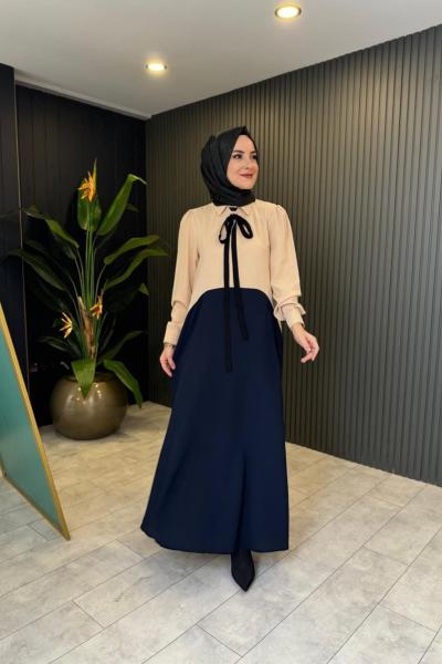 Blok Renkli Krep Elbise Lacivert Lacivert