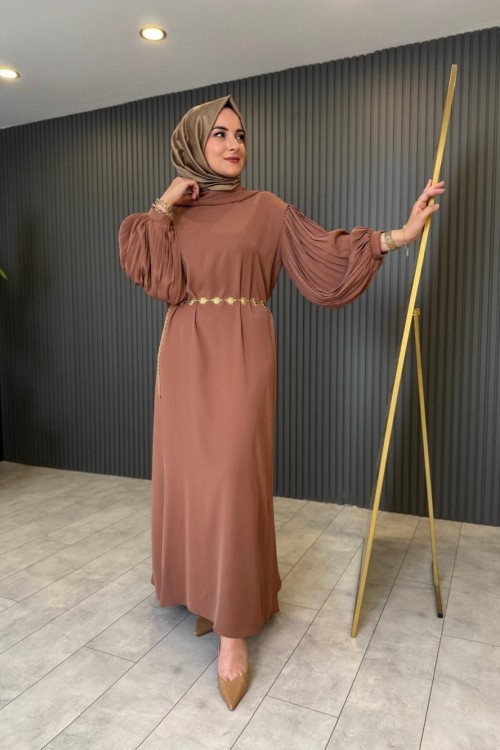 Ceremony Kolları Dik Lamarca Elbise Kakao Kahve