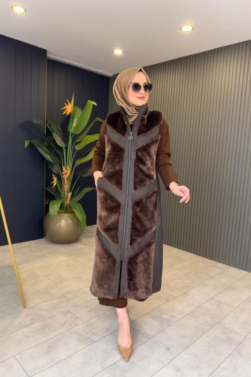 Deri  Garnili Peluş Yelek Kahverengi