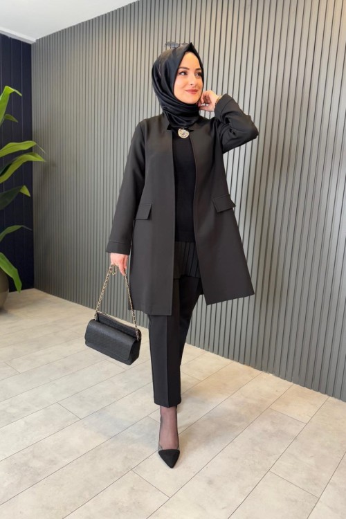 V Yaka Krep  Ceket Siyah