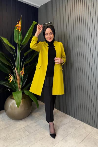 V Yaka Krep  Ceket Yağ Yeşili