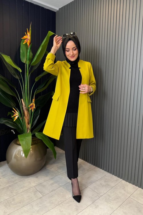 V Yaka Krep  Ceket Yağ Yeşili