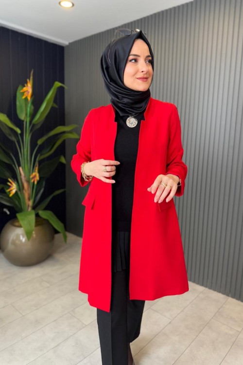 V Yaka Krep Ceket Kırmızı