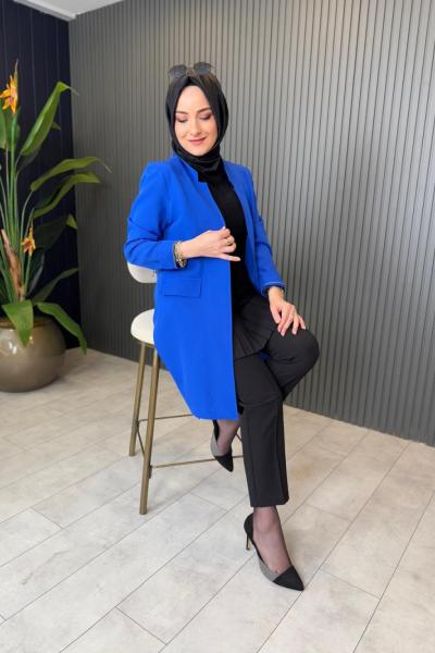 V Yaka Krep Ceket Saks Mavisi