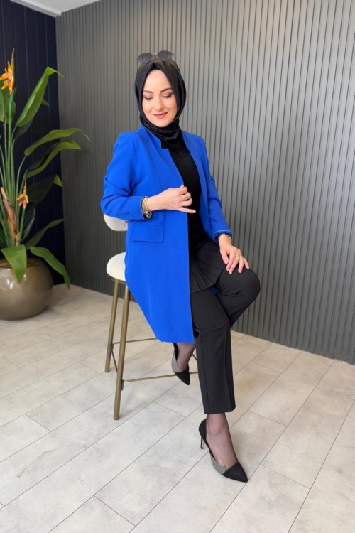 V Yaka Krep Ceket Saks Mavisi