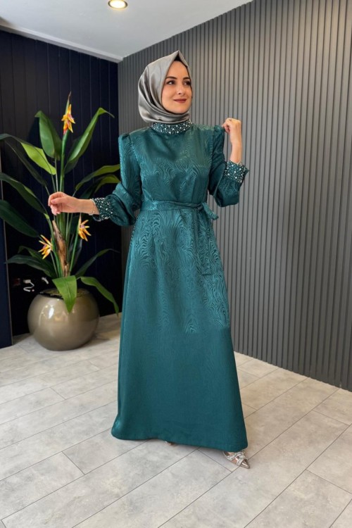 İncili Jakar Elbise Zümrüt