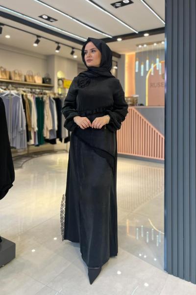 Dantel Şeritli Cupra Elbise Siyah