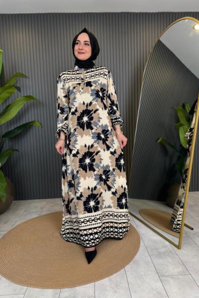 Batik Desenli Cepli Viskon Elbise Siyah