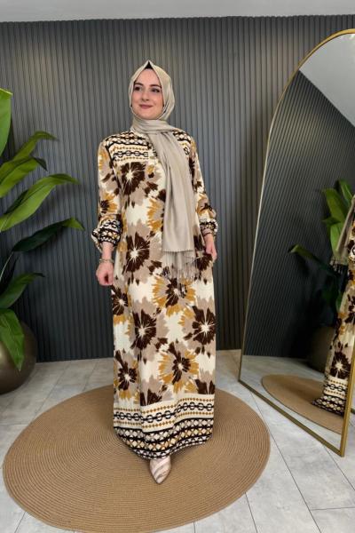 Batik Desenli Cepli Viskon Elbise Kahve