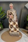 Batik Desenli Cepli Viskon Elbise Kahve