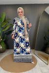 Batik Desenli Cepli Viskon Elbise Mavi