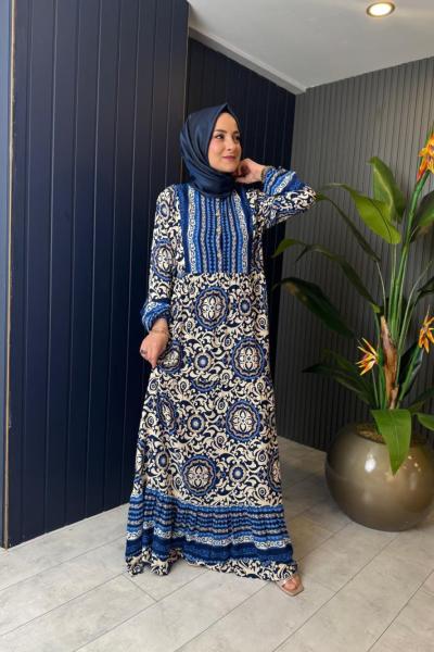 Batik Desen Yarım Düğmeli Fırfırlı Viskon Elbise Mavi