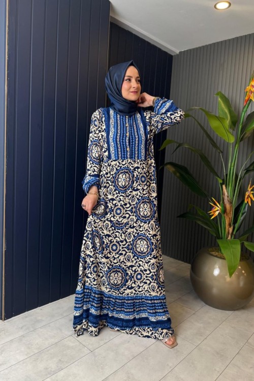 Batik Desen Yarım Düğmeli Fırfırlı Viskon Elbise Mavi