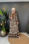 Batik Desen Yarım Düğmeli Fırfırlı Viskon Elbise Kahve