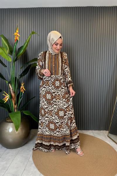 Batik Desen Yarım Düğmeli Fırfırlı Viskon Elbise Kahve