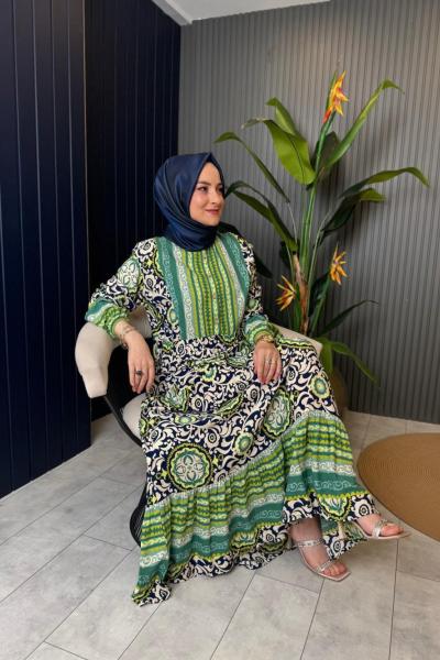 Batik Desen Yarım Düğmeli Fırfırlı Viskon Elbise Yeşil