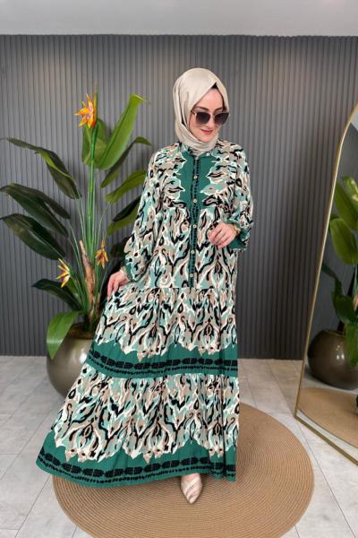 Batik Desen Belden Düğmeli Viskon Elbise Yeşil