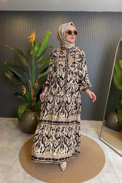 Batik Desen Belden Düğmeli Viskon Elbise Camel