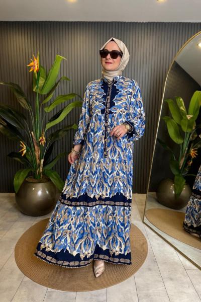 Batik Desen Belden Düğmeli Viskon Elbise Mavi