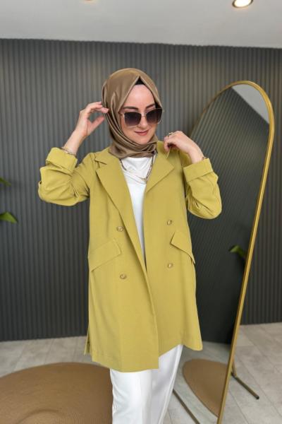 Linda Çift Düğmeli Ceket Yağ Yeşili
