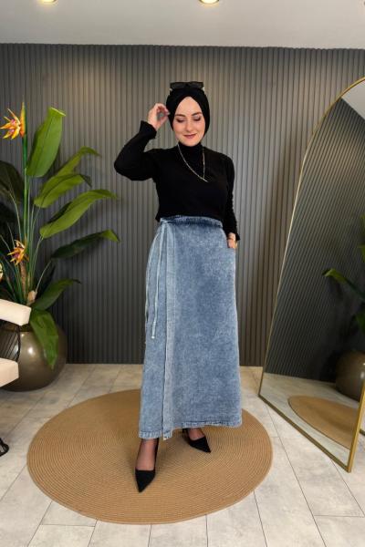 Bağlamalı Kot Etek Mavi